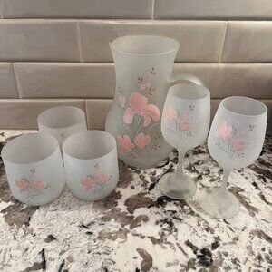 Vintage 1980s Pink Iris Italian Satin Frosted Glass Pitcher, 2 Wine & 3 Tumblers